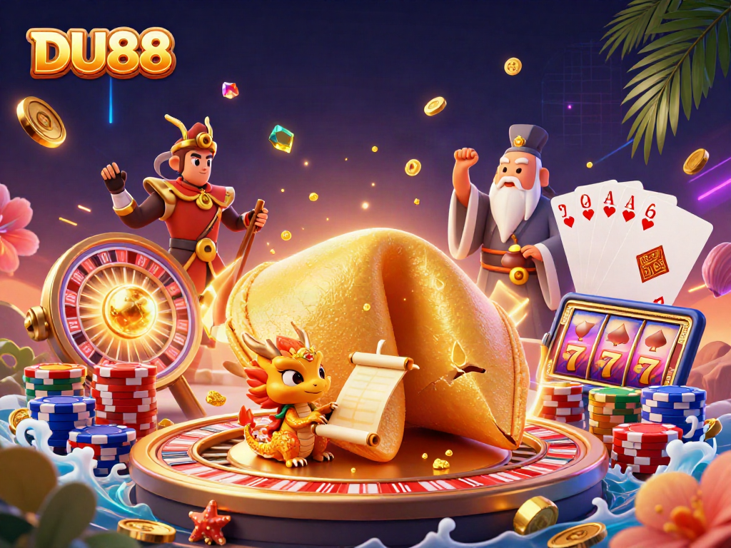 Experience thrilling gameplay at DU88 with a massive golden fortune cookie and dynamic casino elements.