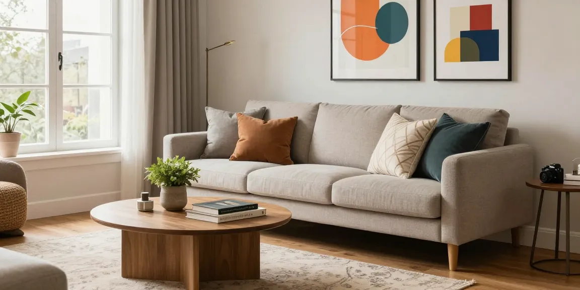 Entdecken Sie stilvolle Möbelkaufen-Optionen in einem modernen Wohnzimmer, das eine gemütliche Couch und einladende Dekorationselemente zeigt.