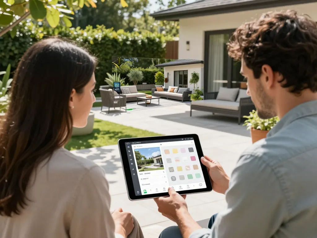 Engagiertes Paar visualisiert seinen Traum-Veranda 3D Konfigurator in einer Außenumgebung.