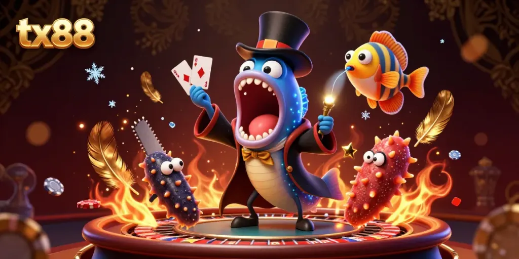 Experience the thrill of gambling at tx88 with our captivating 3D deep-sea casino scene featuring magical characters.