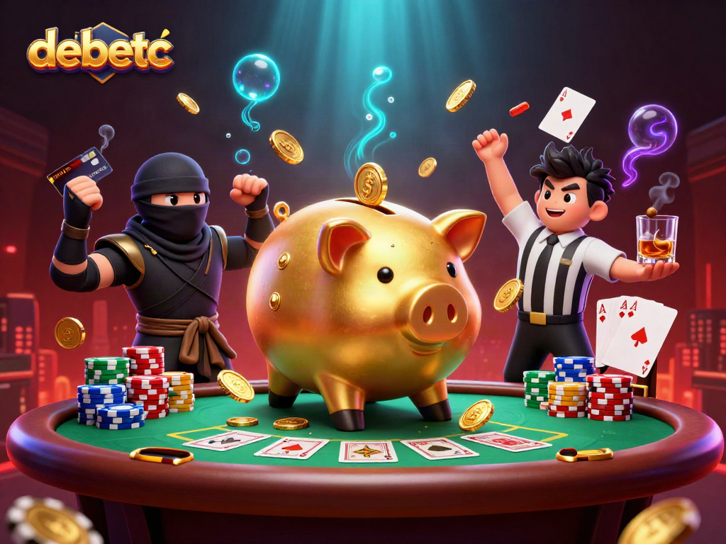 Experience thrilling black jack action with debetc's dynamic 3D casino illustration featuring a golden piggy bank sumo wrestler.