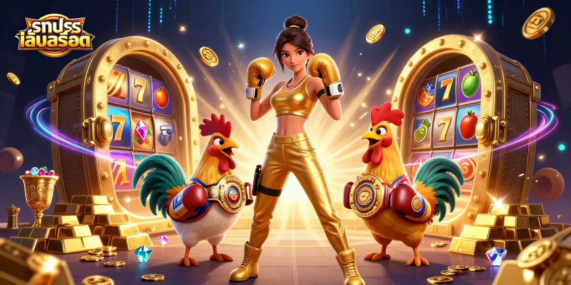 Try ทดลองเล่นสล็อต with a powerful woman and a championship rooster amidst golden treasures and slot elements.