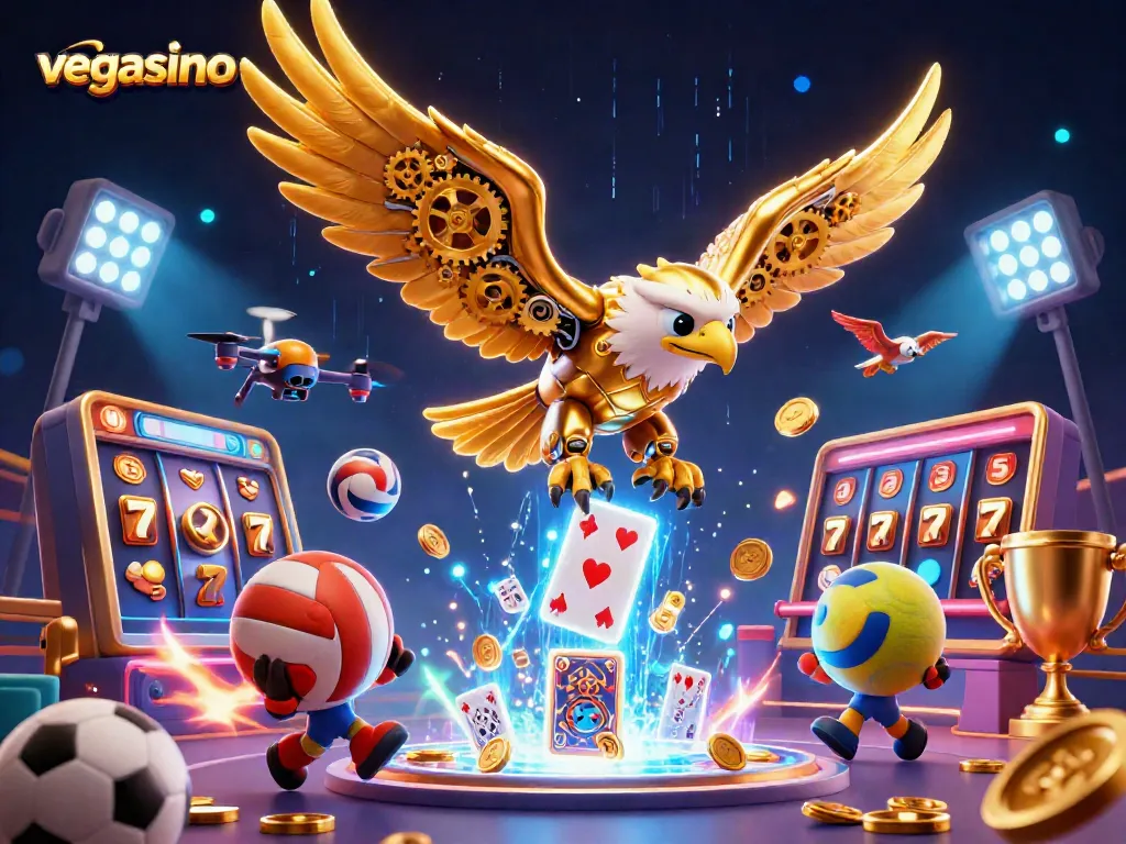 Experience vegasino with dynamic casino elements and a captivating 3D illustration of a cybernetic eagle.
