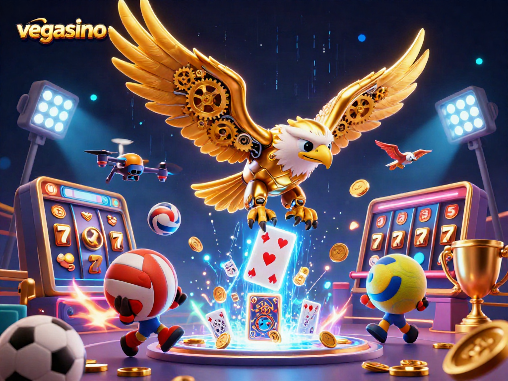 Experience vegasino with dynamic casino elements and a captivating 3D illustration of a cybernetic eagle.
