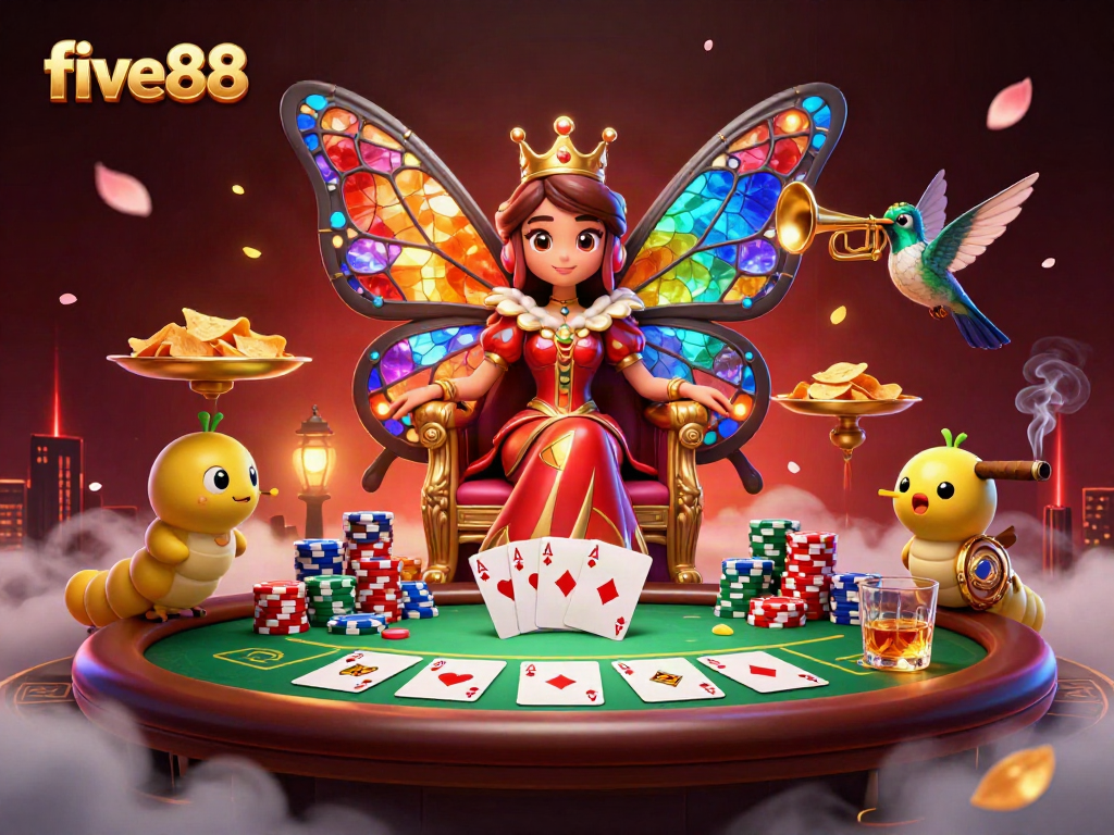 Join five88 for exciting poker action with a regal butterfly queen and vibrant casino ambiance.