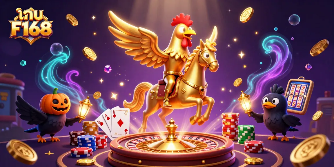 Experience thrilling action at เกม F168 with a golden rooster riding through a dynamic casino scene.