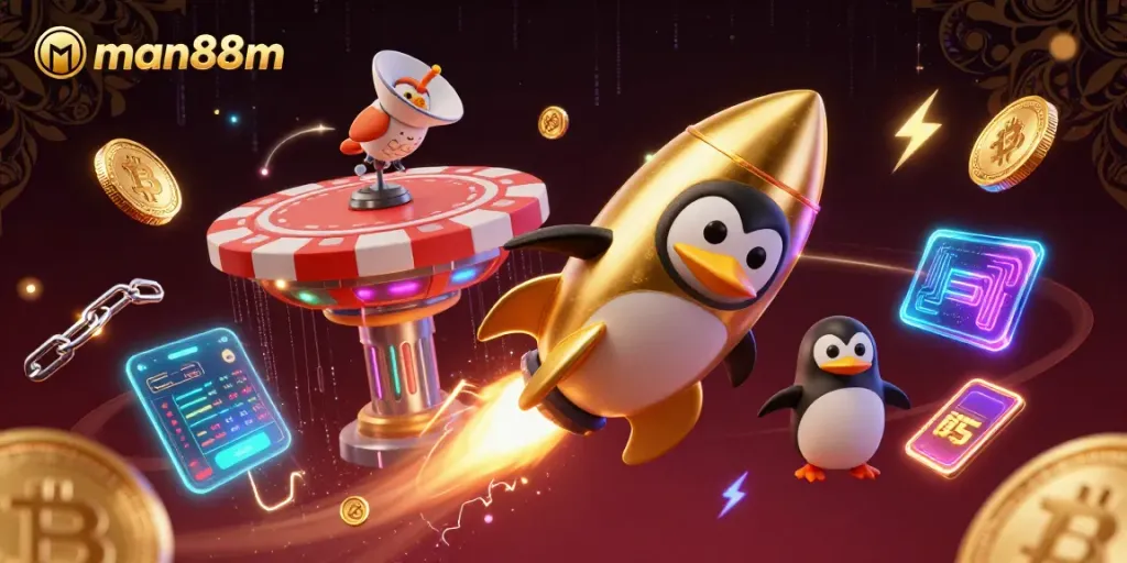 Boost your wins at man88m's thrilling 3D casino with rockets and crypto action!