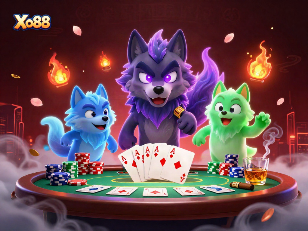 Xo88 offers a stunning visual experience amidst a lively poker scene with immersive ghostly wolves and dynamic elements.