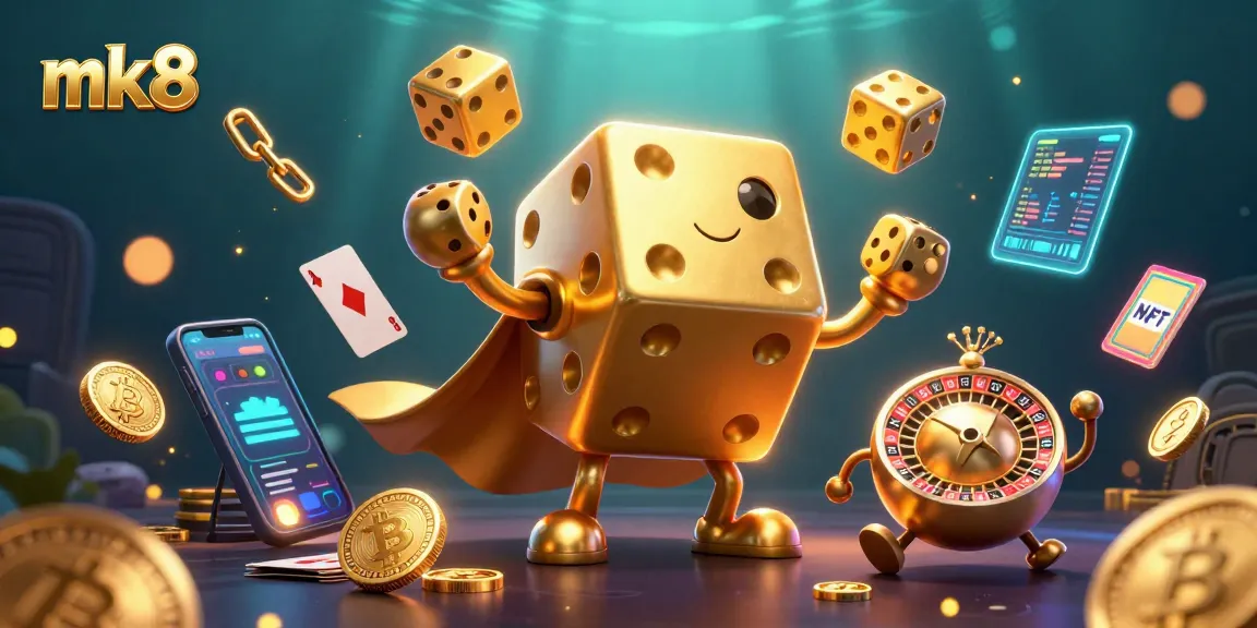 Experience mk8's thrilling casino atmosphere with a dynamic 3D illustration of a golden dice golem and cryptocurrency elements.