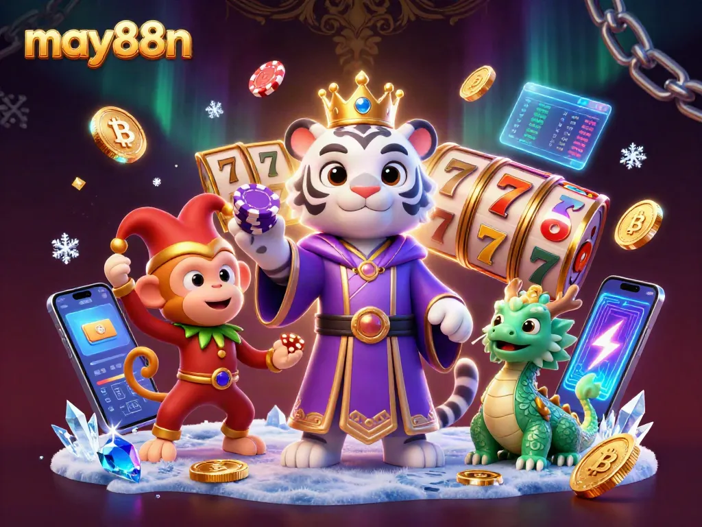 Experience thrilling jackpots with may88n’s vibrant 3D casino illustration, featuring engaging game characters.