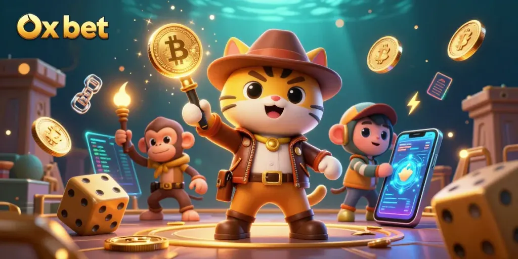 Engage with Ox bet's vibrant 3D casino scene featuring an adventurous explorer archeologist cat.