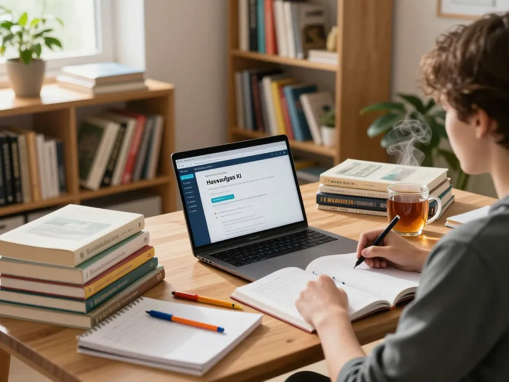 Schüler, der Hausaufgaben KI in einem gemütlichen Arbeitszimmer mit Büchern und Technologie nutzt.
