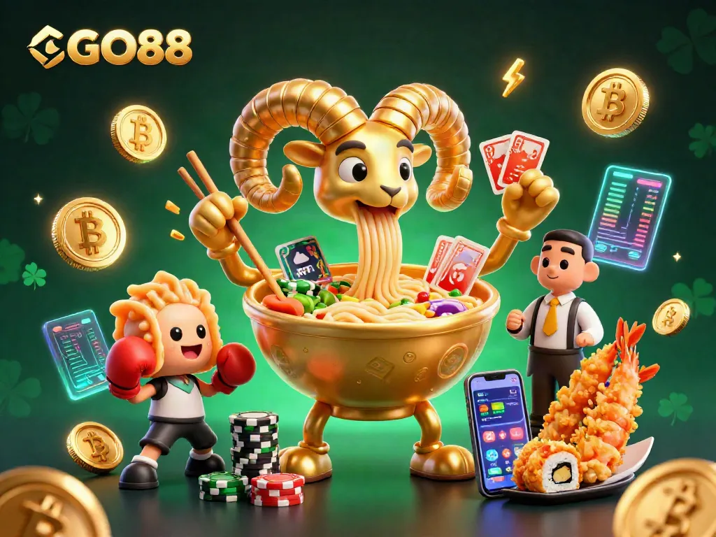 Engage with GO88 in this lively 3D casino scene featuring a giant ramen bowl dealer surrounded by vibrant elements.