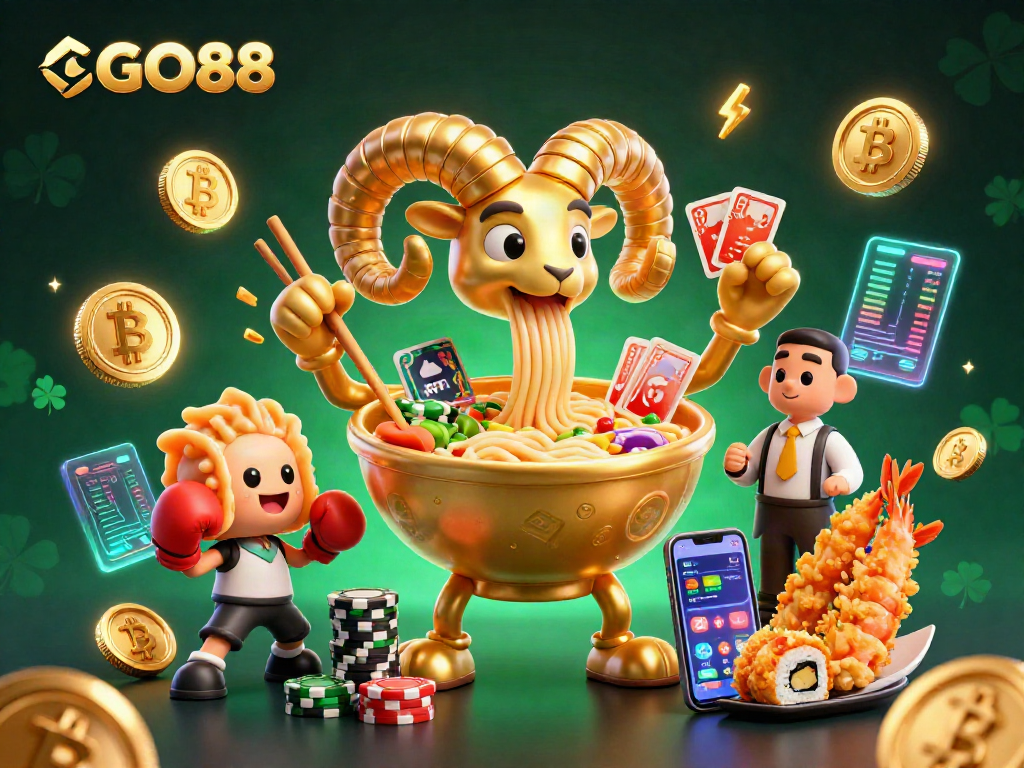 Engage with GO88 in this lively 3D casino scene featuring a giant ramen bowl dealer surrounded by vibrant elements.