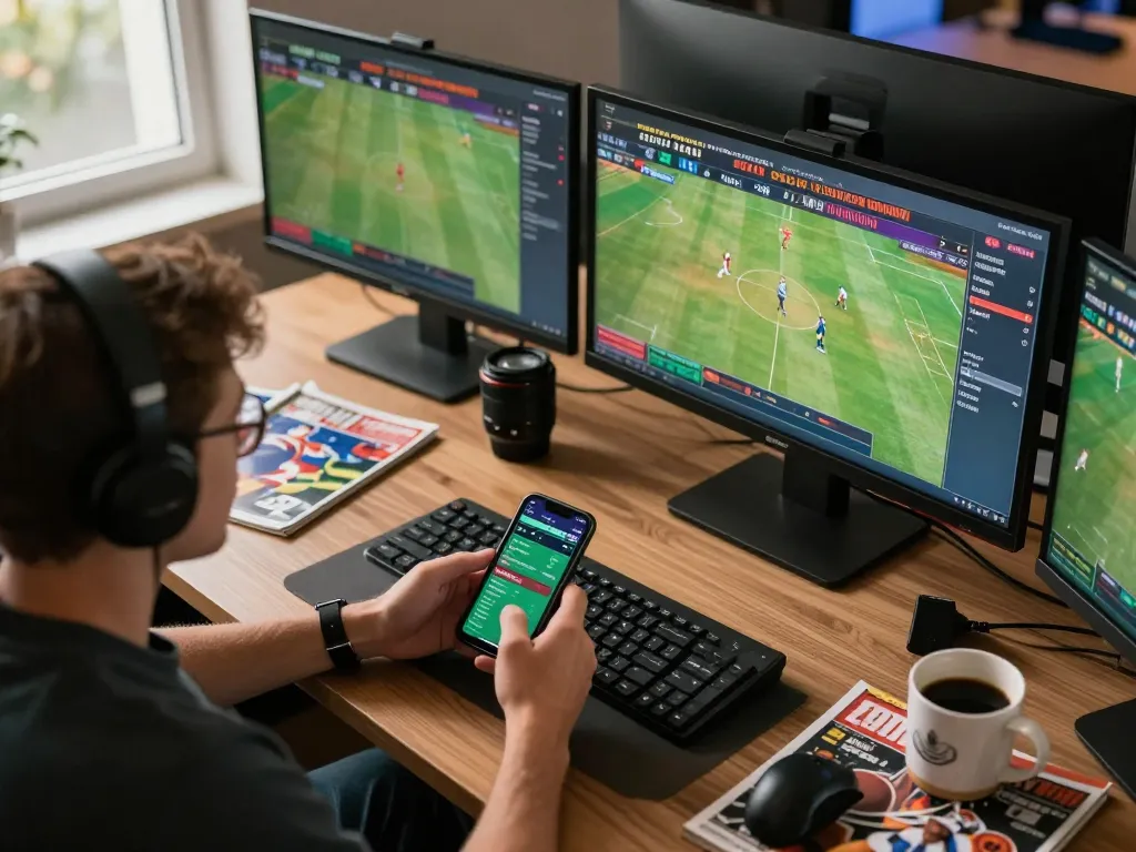 Engaging in live sports betting at https://ok904.com/ with multiple screens showing games and strategy notes.
