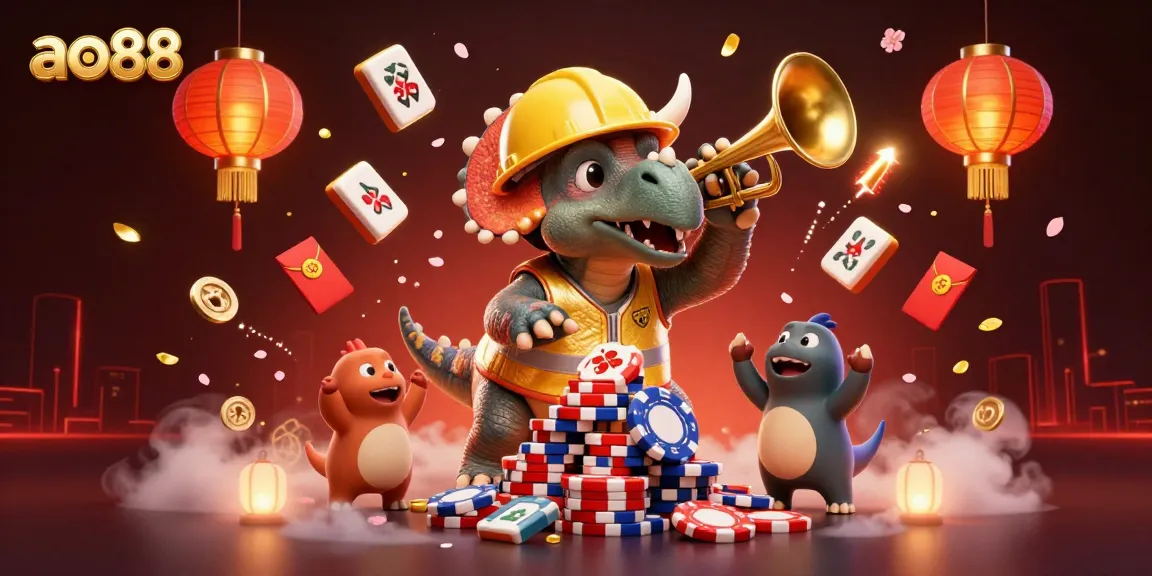 Bet on ao88 while triceratops builds poker chip pyramid amidst festive gaming elements