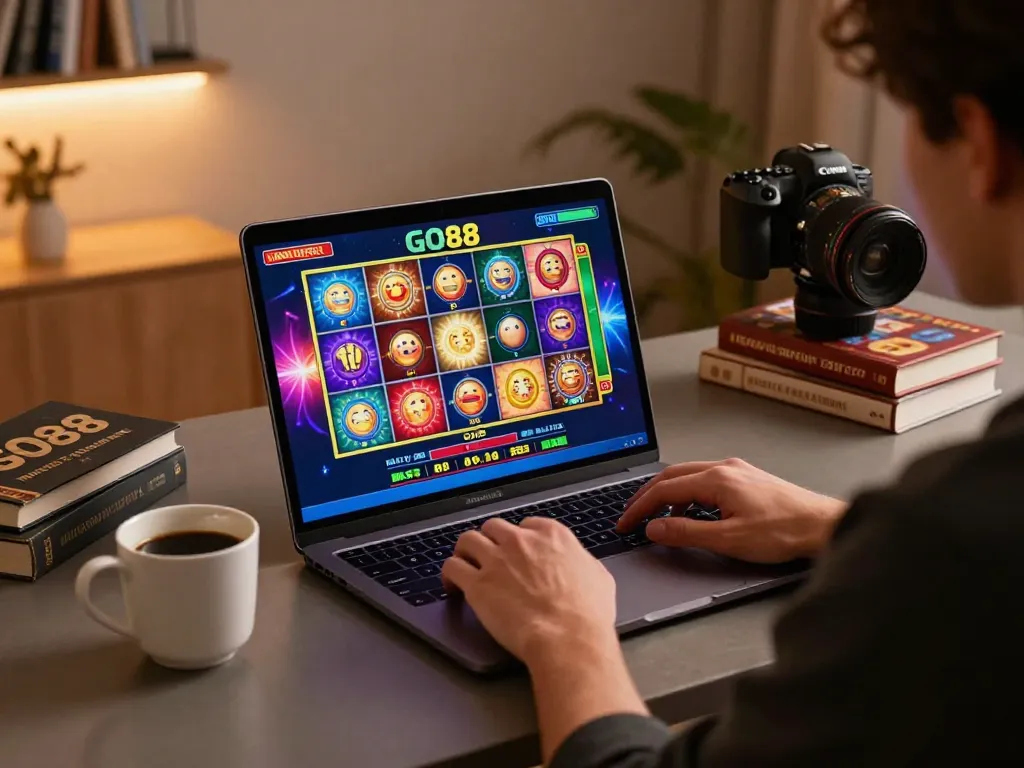 Gamblers engage in exciting gameplay on GO88 platform, streaming vibrant slot game on their laptop