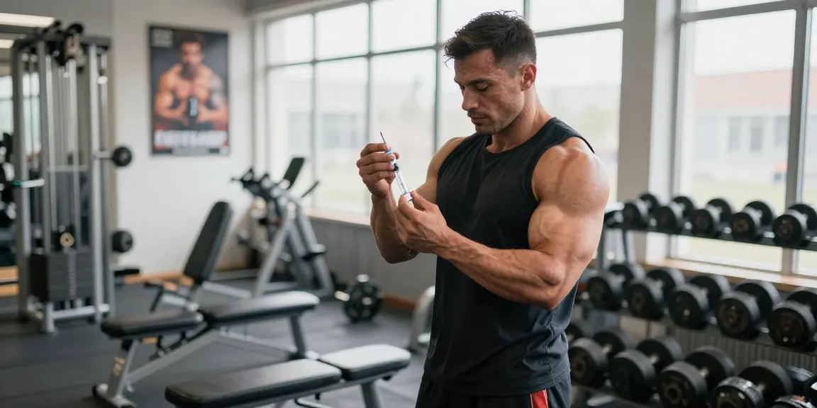 Anabolika Shop: Bodybuilder demonstriert die richtige Injektionstechnik für Steroide im Fitnessstudio.