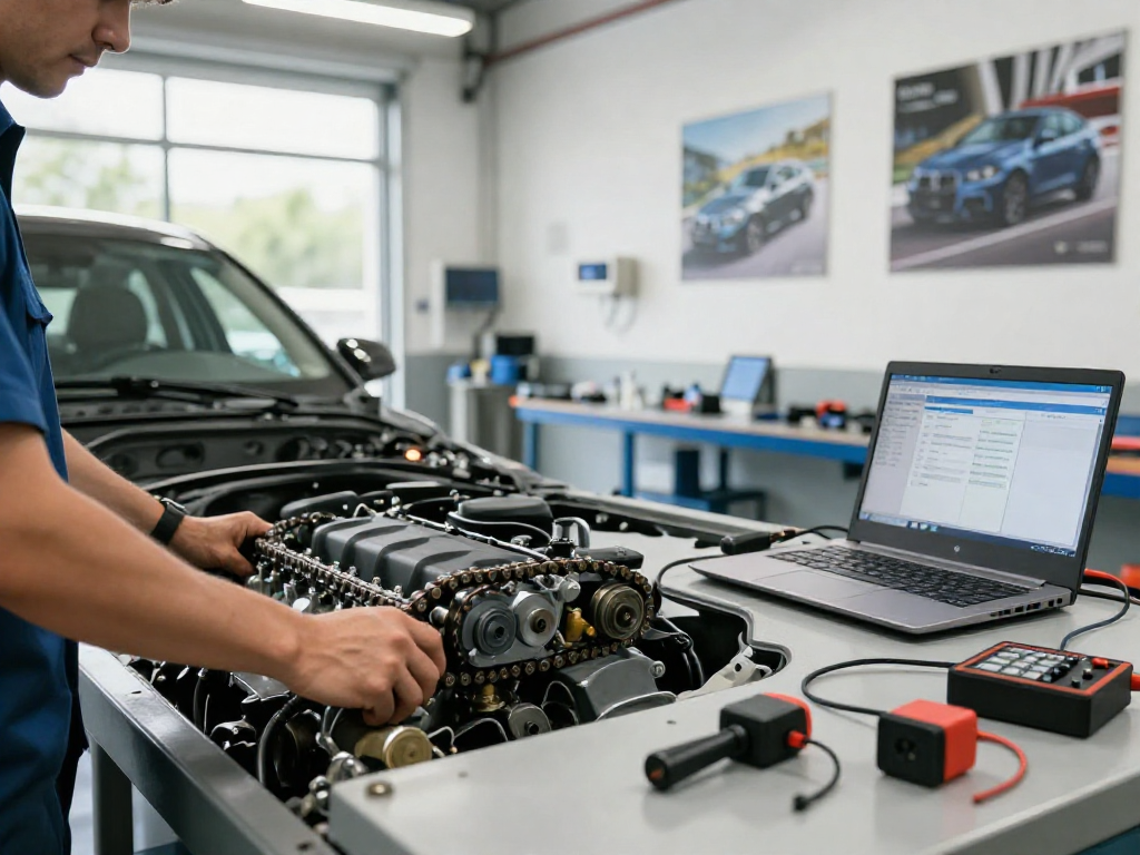 Professioneller Mechaniker beim Wechsel der BMW Steuerkette in einer Werkstatt, technische Geräte sichtbar.