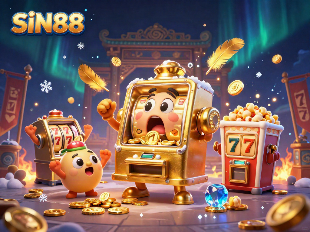 SIN88 slot machine celebrating a jackpot amid a vibrant, energetic casino scene.