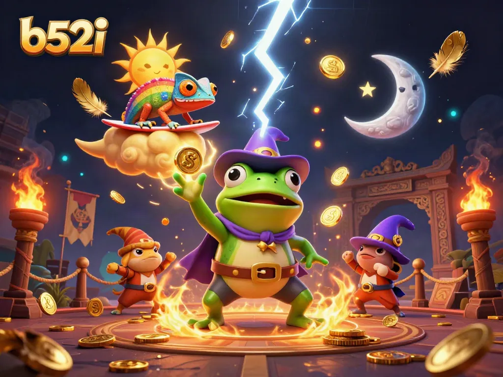 Join the fun with b52i as the wizard frog summons winning coins during a magical gambling storm.
