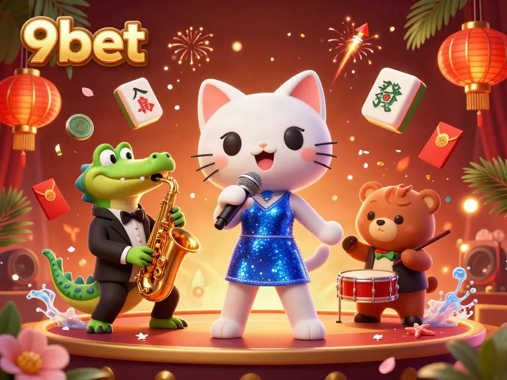 Experience the excitement of 9bet with a lively casino scene featuring animated jazz performers and festive decorations.