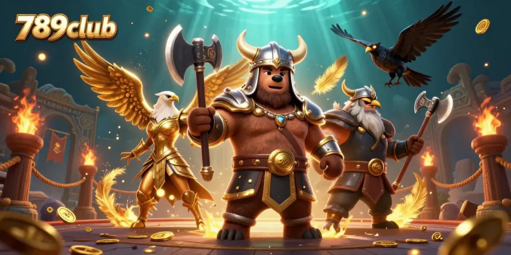 Immerse in 789club's vibrant casino adventure with dynamic 3D characters battling amidst golden tokens and thrilling games.