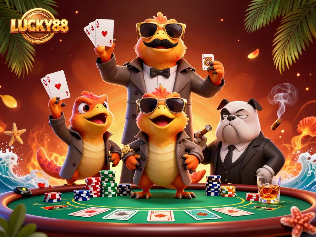 Bet on LUCKY88 in a vibrant 3D casino scene with playful raptors at the poker table.