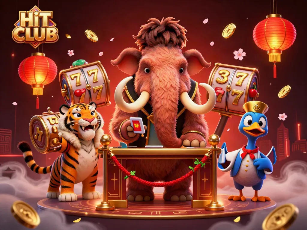 Experience excitement at HIT CLUB's dynamic casino scene featuring charming cartoon characters.