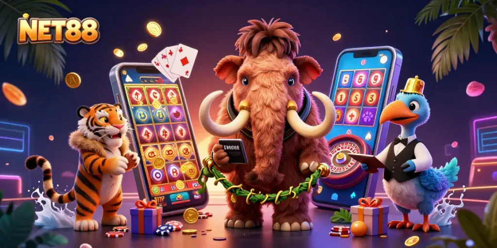 Experience the excitement of NET88 with a vibrant 3D carnival of casino characters and gaming elements.