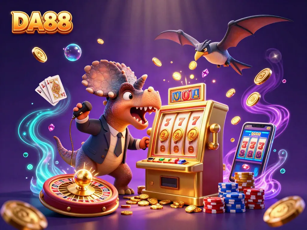 DA88 casino scene with a pachycephalosaurus celebrating a jackpot win, amidst flying coins.