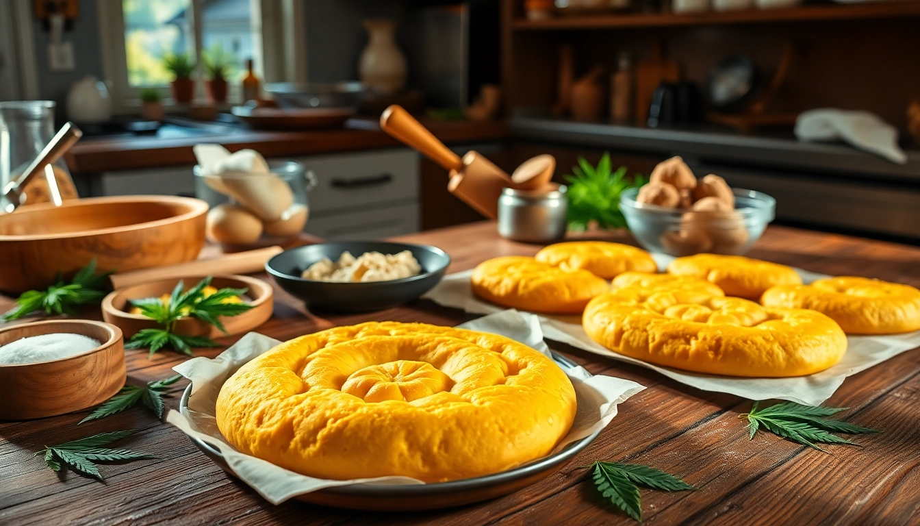 Making hasch kekse with fresh ingredients and cannabis leaves in a warm kitchen setting.