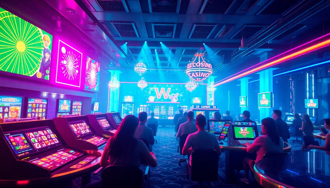 Erlebe die besten casinos online deutschland mit farbenfrohen Neonlichtern und begeisterten Spielern.