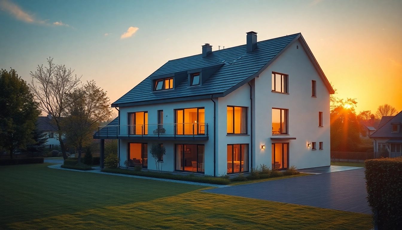 Fotorealistische 3D Visualisierung eines modernen Wohnhauses im Sonnenuntergang für Architekturprojekte.