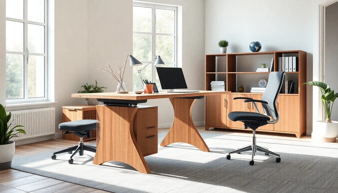 Eleganter Arbeitsplatz mit modernen Büromöbeln, einschließlich Schreibtisch und ergonomischen Stuhl.