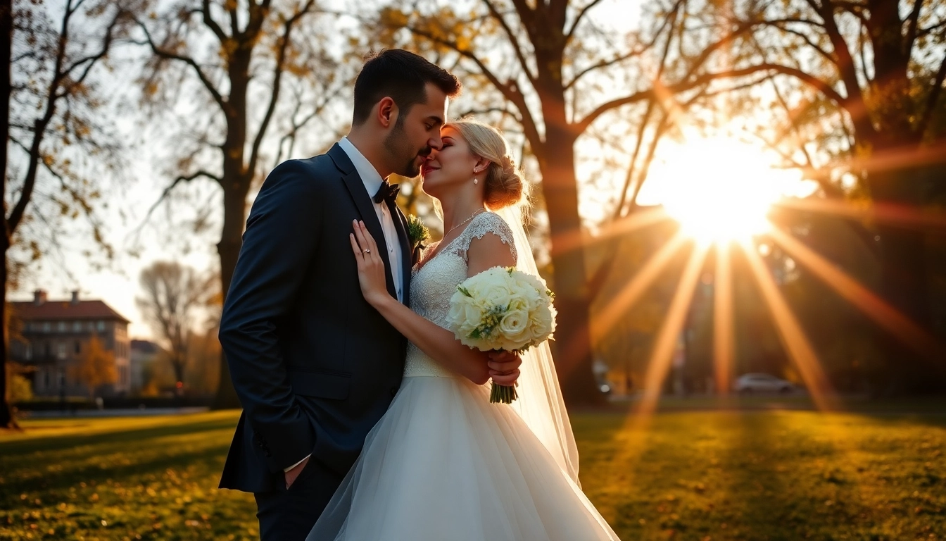 Hochzeitsfotograf Berlin hält emotionale Momente von einem Brautpaar im Sonnenuntergang fest.