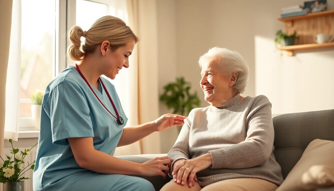 Pflegedienst: Pflegekraft unterstützt ältere Person zu Hause in einer warmen, einladenden Umgebung.