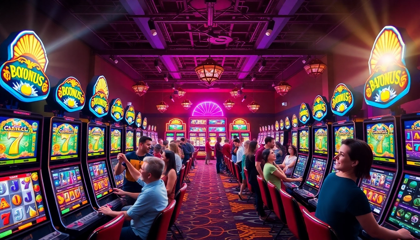 Experience exciting gameplay with an online casino bonus at a lively gaming station filled with vibrant slots.