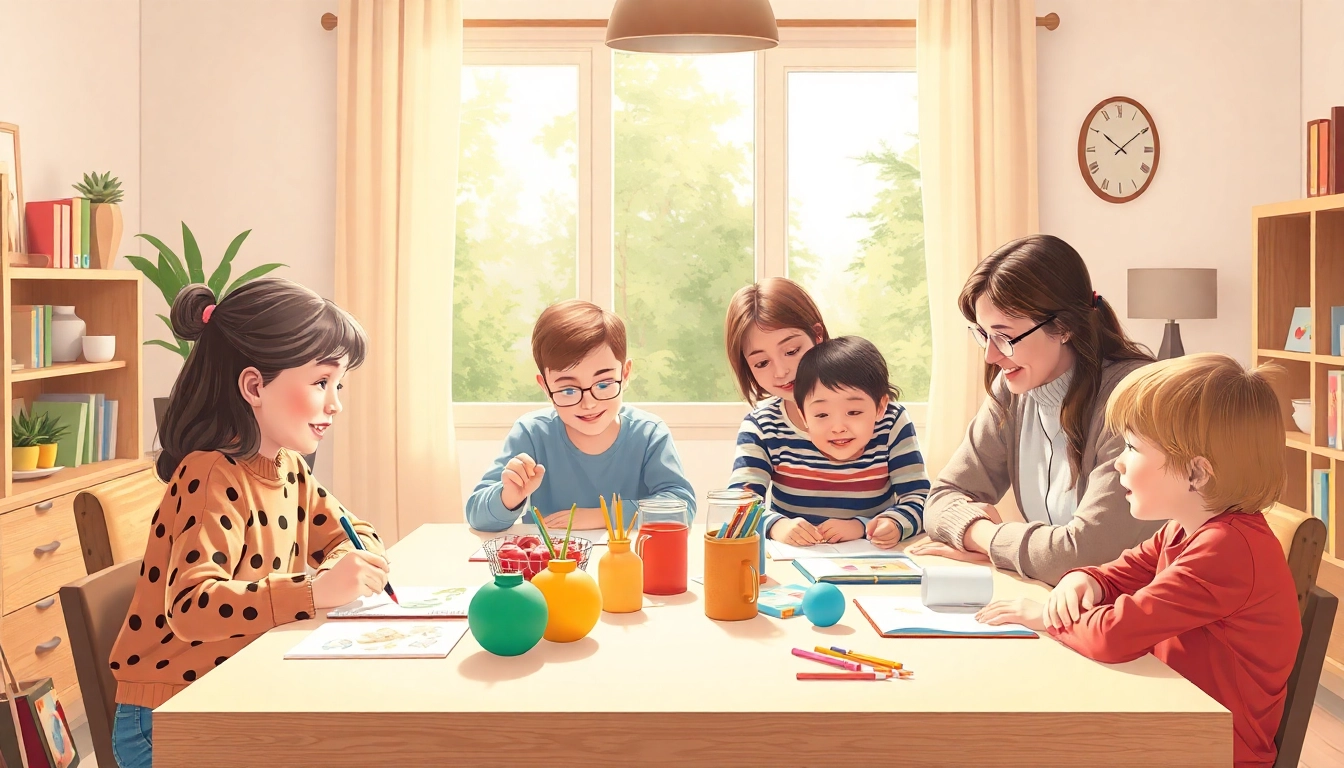 Familie beim Heimunterricht in einer gemütlichen Umgebung, die aktiv lernen und interagieren.