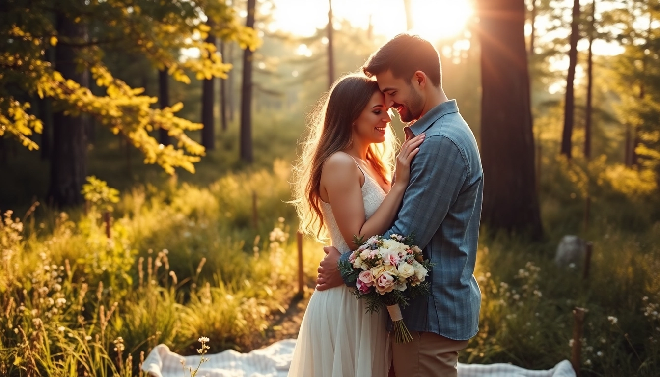 Capturing a romantic couples photoshoot in a sunlit forest setting.