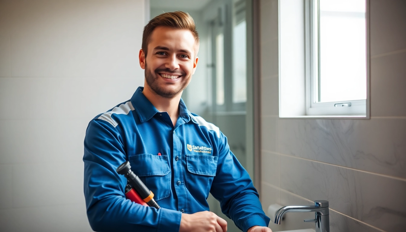 Eine freundliche Installateurin bei der Arbeit am Sanitär Notdienst, die ein Wasserleck in einem modernen Badezimmer repariert.