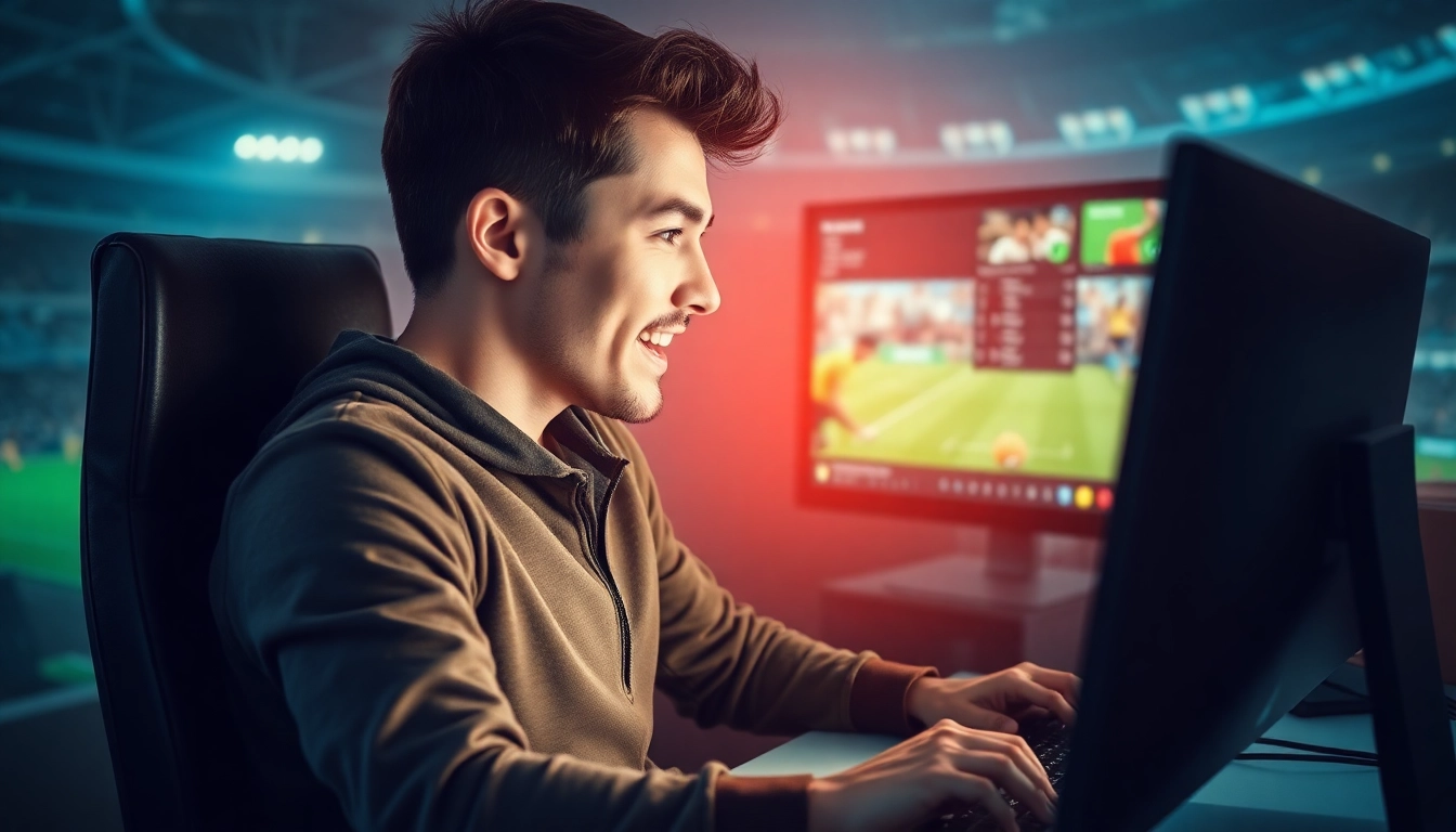 Junger Mann begeistert beim Wetten auf einer Plattform für sportwetten ohne lizenz, umgeben von Sportmotiven.