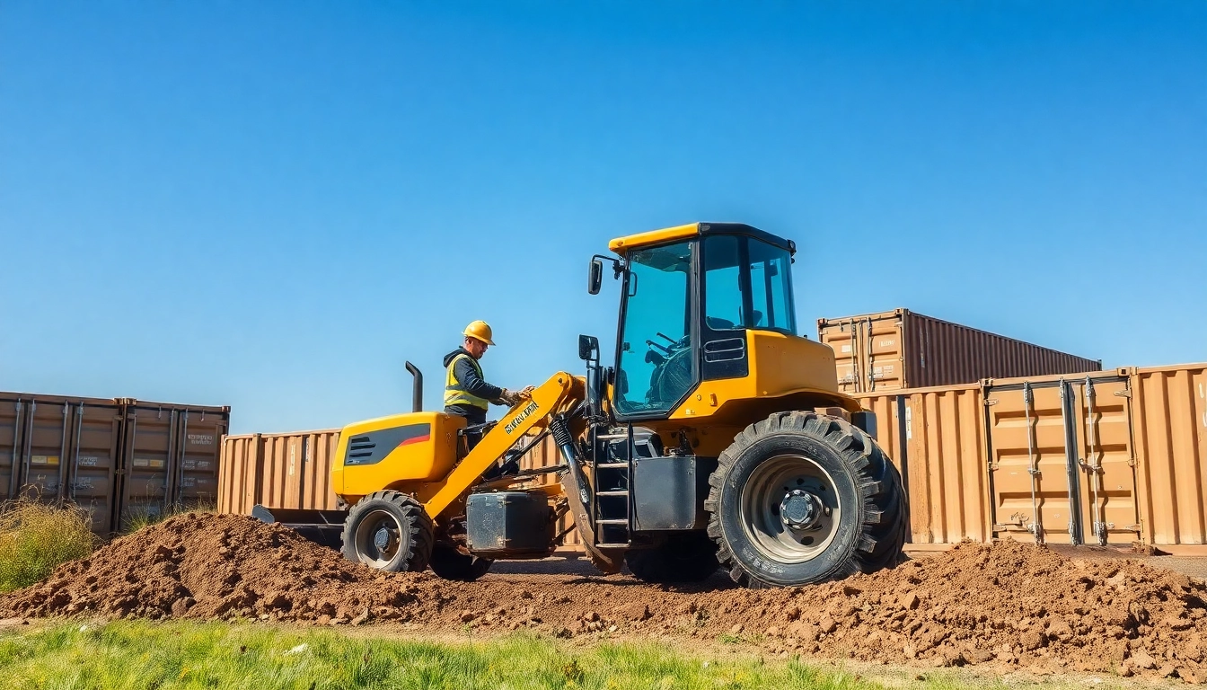 Radlader mieten Celle: Aktiver Radlader auf einer Baustelle in Celle, der Erde hebt, unter klarem Himmel.