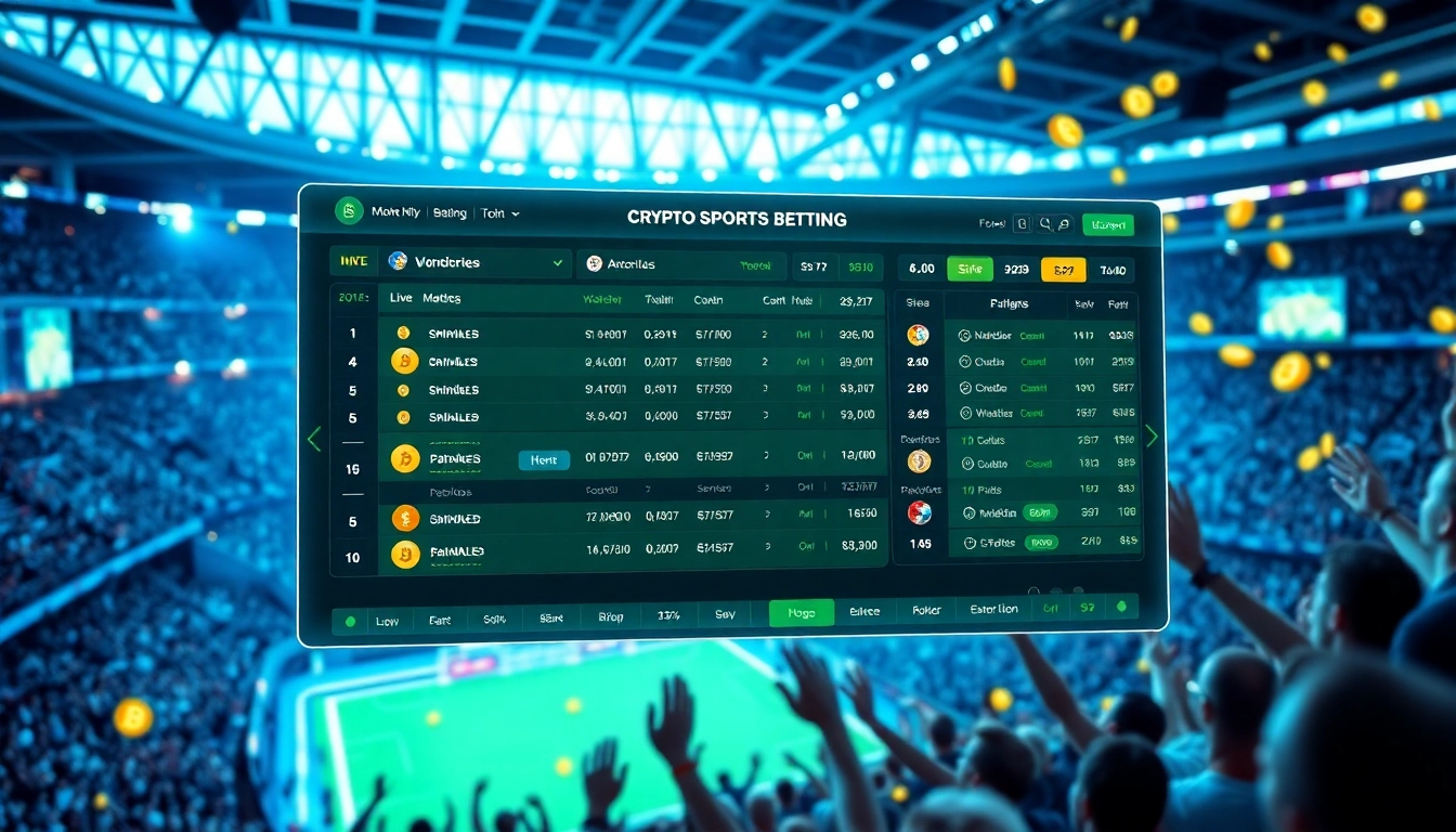 Experience crypto sports betting excitement through a futuristic sports book interface with vibrant colors and live match displays.