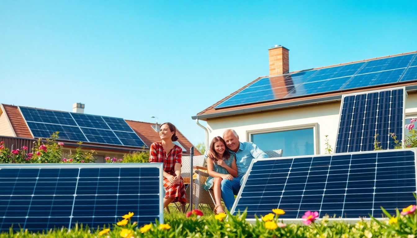 Familie zeigt stolz ihre günstigen Solarmodule im sonnigen Garten.