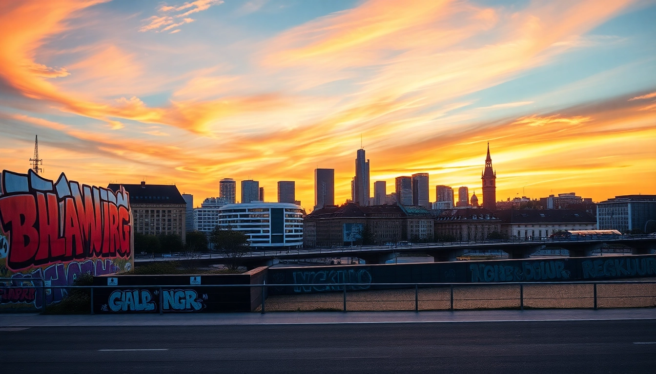 Entdecke beeindruckendes Graffiti Hamburgs mit einer lebhaften Skyline und kreativen Wandkunstwerken.