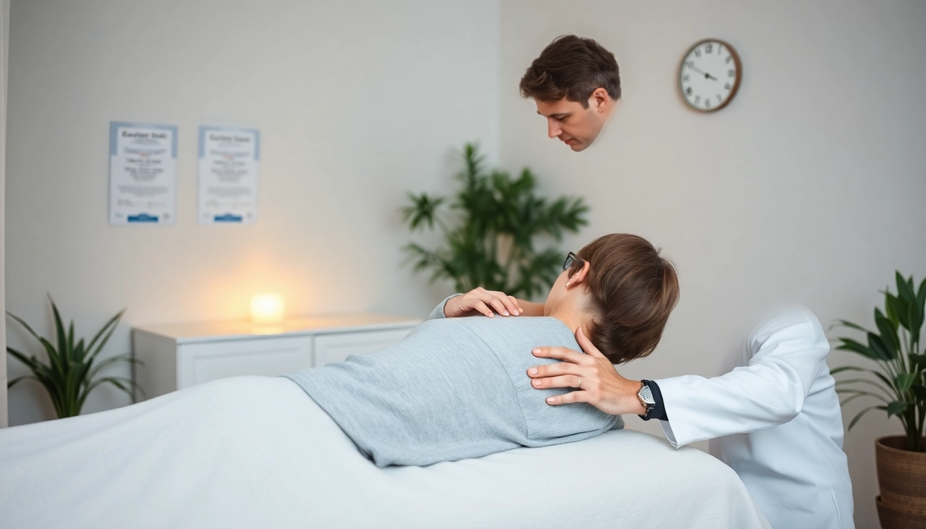 Osteopathie-Sitzung mit einem Osteopathen, der sanft die Wirbelsäule eines Patienten behandelt, in einer beruhigenden Praxisumgebung.