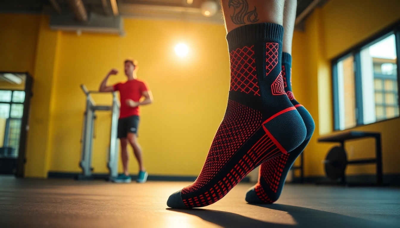 Aktive Person trägt neuro socks im Fitnessstudio, die moderne Technologie und Funktionalität zeigen.