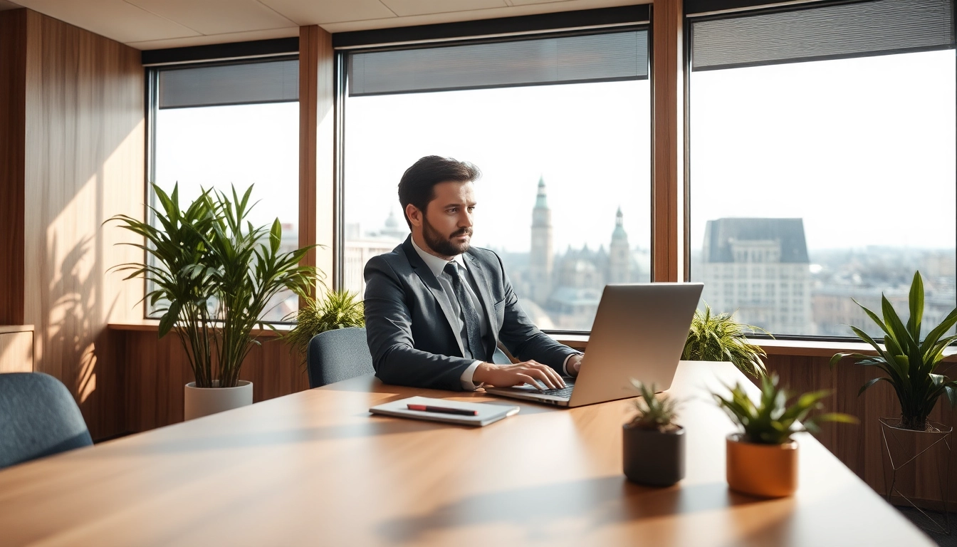 Headhunter München in einem modernen Arbeitsraum analysiert Bewerbungen am Laptop.