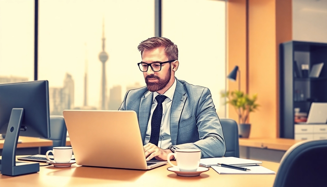 Headhunter Düsseldorf berät Klienten professionell am Schreibtisch im modernen Büro.